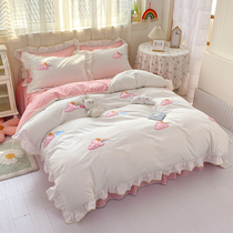 ins girl heart pure cotton embroidery four pieces of kit minimalist bed cover bed skirt princess wind full cotton side quilt cover bed 4