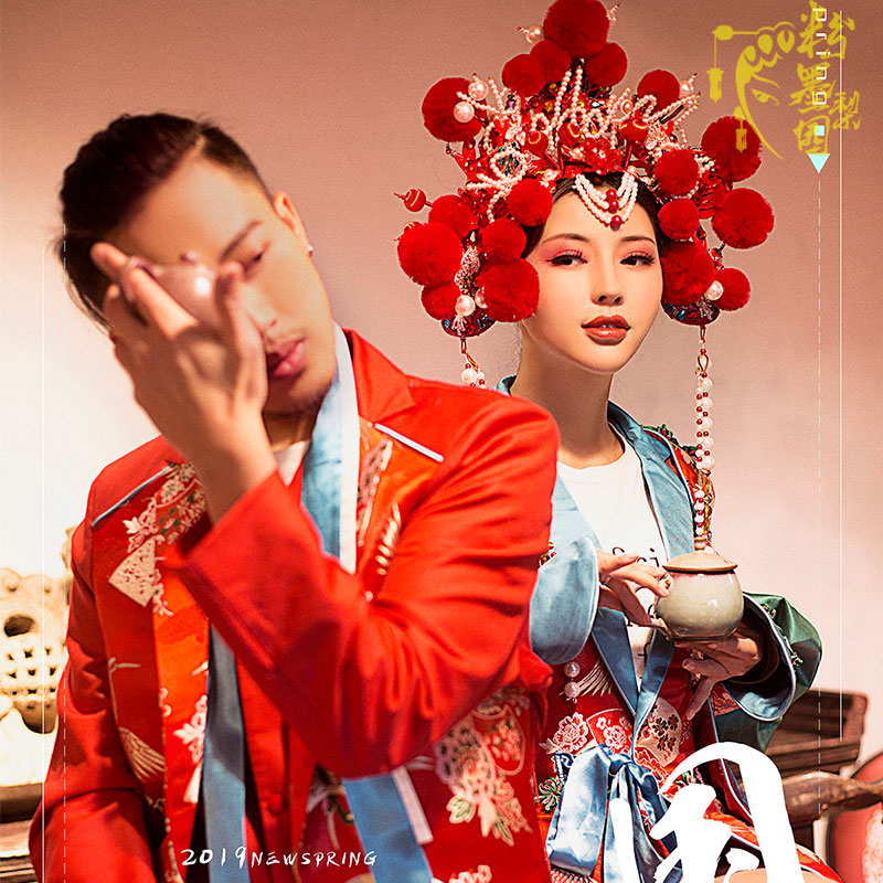 Guochao retro big red Chinese style costume fashion couple photo Chinese wedding photo studio photography theme costume