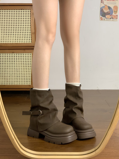 美拉德短筒马丁靴女2025秋冬季新款棕色英伦风复古圆头厚底裤管靴