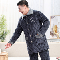 Thickened pajamas dad coral velvet 2021 new three-layer clip cotton-padded jacket winter middle-aged and elderly mens extended style