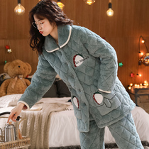 Pajamas ladies winter coral velvet triple layer thick warm clip cotton flannel autumn and winter home clothing set cute
