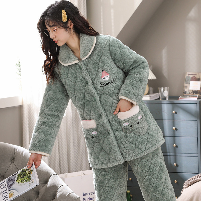 Pajamas Lady Autumn Winter Coral Flannel flannel jacket Cotton padded jacket Three layers thickened Garnapped warm Home Clothing Winter