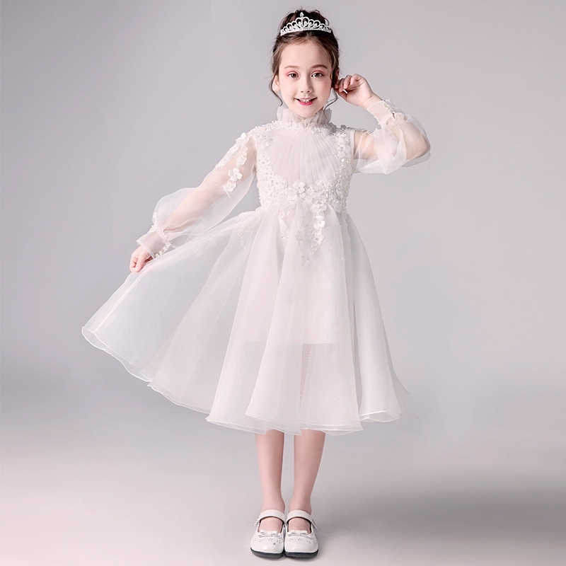 Đầm trẻ em Váy công chúa Puffy cô gái hoa cưới Cô gái piano biểu diễn catwalk trình diễn trang phục dạ hội dài tay áo - Váy trẻ em