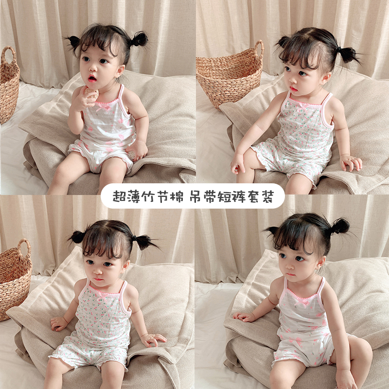 Girls suspenders shorts suit baby summer clothes t-shirt cotton thin section baby pajamas home clothes little girl