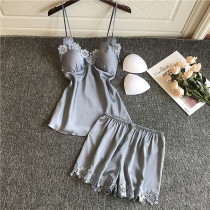 Sexy Sleepwear Female Summer Ice Silk Slim short sleeve shorts Private room Sling Chest Cushion Two Suits Lace External Wear