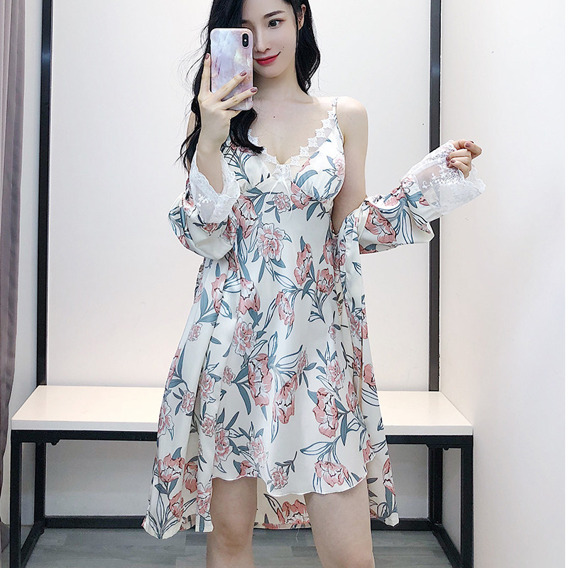 Printed sexy pajamas women Xia Bing silk sling nightdress with chest pads fresh girl thin two-piece suit Korean version