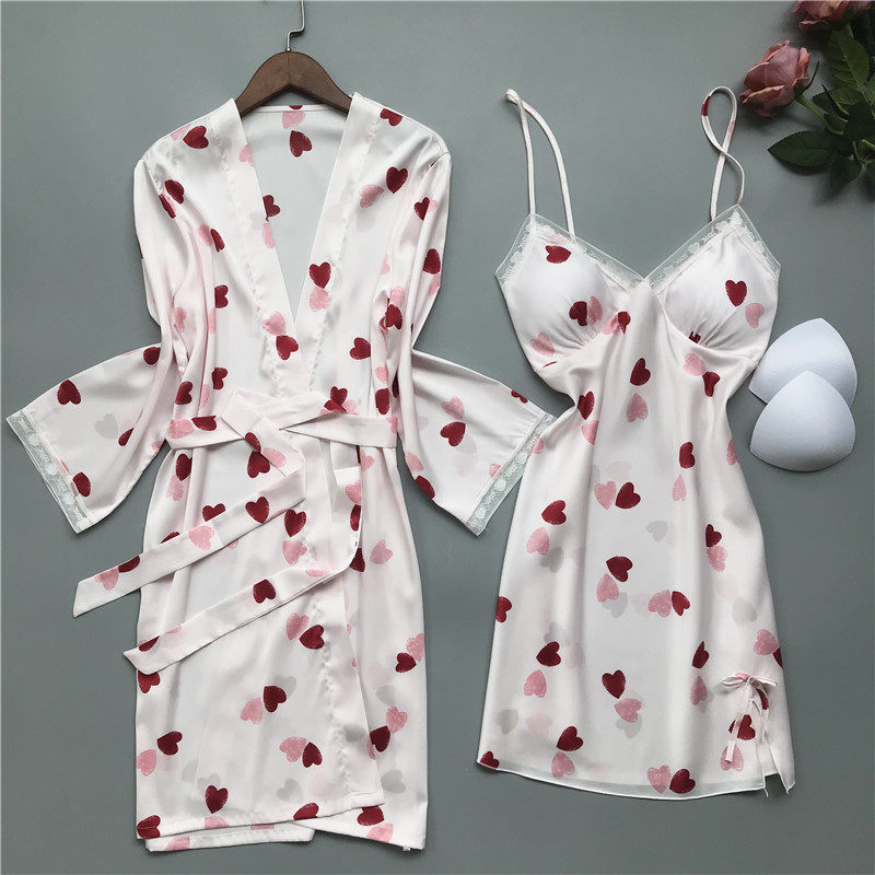 Sexy pajamas women summer ice silk sling night dress two-piece set with breast pad gather thin love sweet skirt