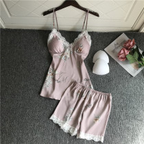 Lace Harness Chest Cushion Sexy Sleepwear Woman Summer Ice Silk Shorts Two Suits Korean version print Home Clothing Thin