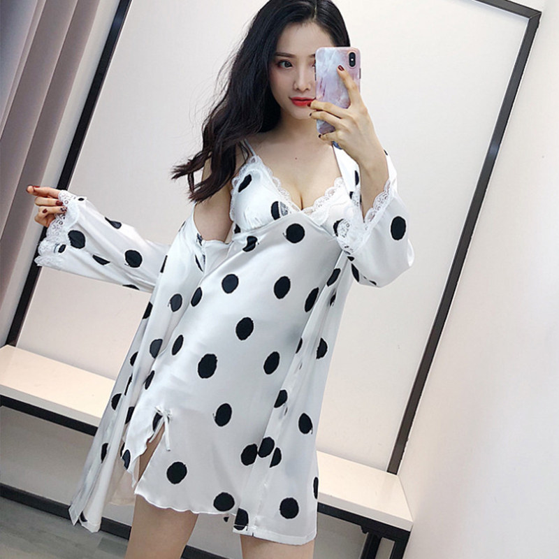 Pajamas summer sling polka-dot nightdress with chest pad gathered two-piece thin lace adult ice silk nightgown