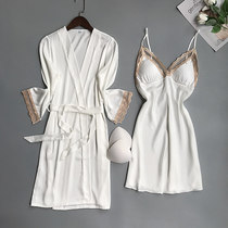 Sexy sleepwear female summer ice silk Two sets sleeping dress with chest cushion thin strip of harness V collar for the Korean version can be worn out