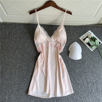 Sleepwear Womens Summer Ice Silk Sexy Harness Sleeping Dress With Chest Cushion Thin Lace Mesh Yarn Short Skirt Spring 2021 New