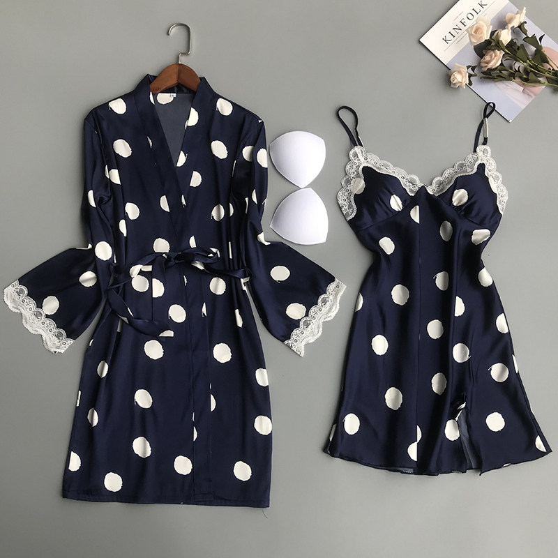 Sexy Pajamas Women Summer Sling Polka Dot Nightdress with Chest Pads Gathering Two Piece Suit Ice Silk Adult Lace Lace