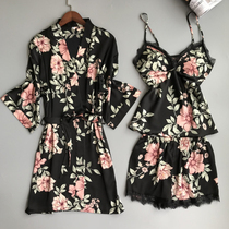 Pajamas three-piece female Xia Bing silk sling shorts sexy adult suit short sleeve gathered small chest thin with chest pad