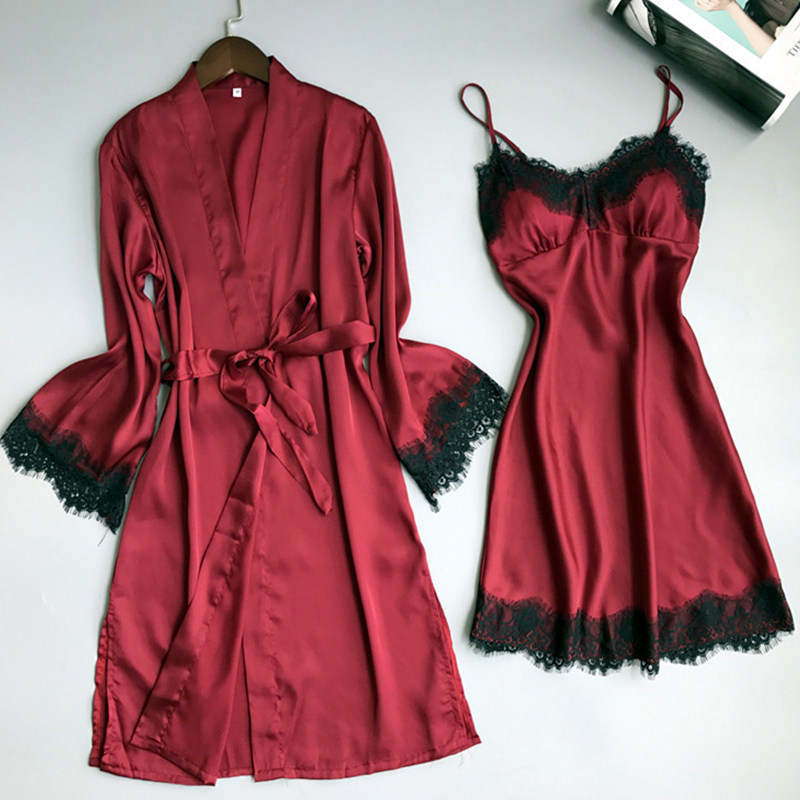 Summer pajamas women 2022 new sexy lace suspenders nightdress with bra two-piece set long-sleeved thin section can be worn outside