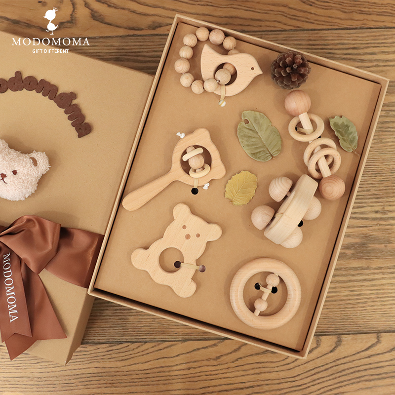 modomoma gift for newborns baby gift box full moon baby hand rocking bell wooden toy a year old gift