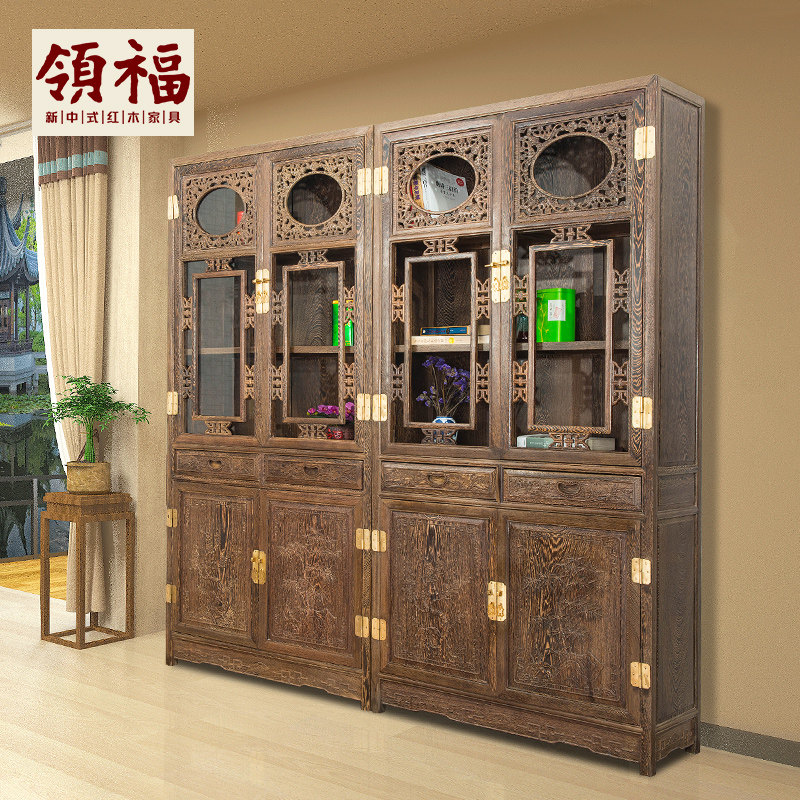 Lingfu mahogany furniture solid wood bookcase locker glass bookcase display cabinet Ming and Qing classical floor cabinet large bookcase