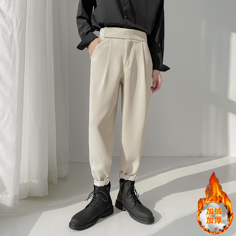 Winter plus velvet trousers men's trendy slim fit corset trousers drape close-fitting skin-friendly cigarette pants solid color all-match pants handsome