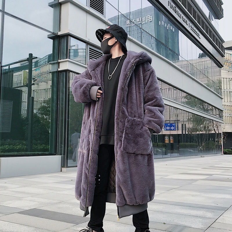 Winter new men's medium long version imitation rabbit fur coat Korean version loose leather grass thickened warm cotton clothes net red handsome