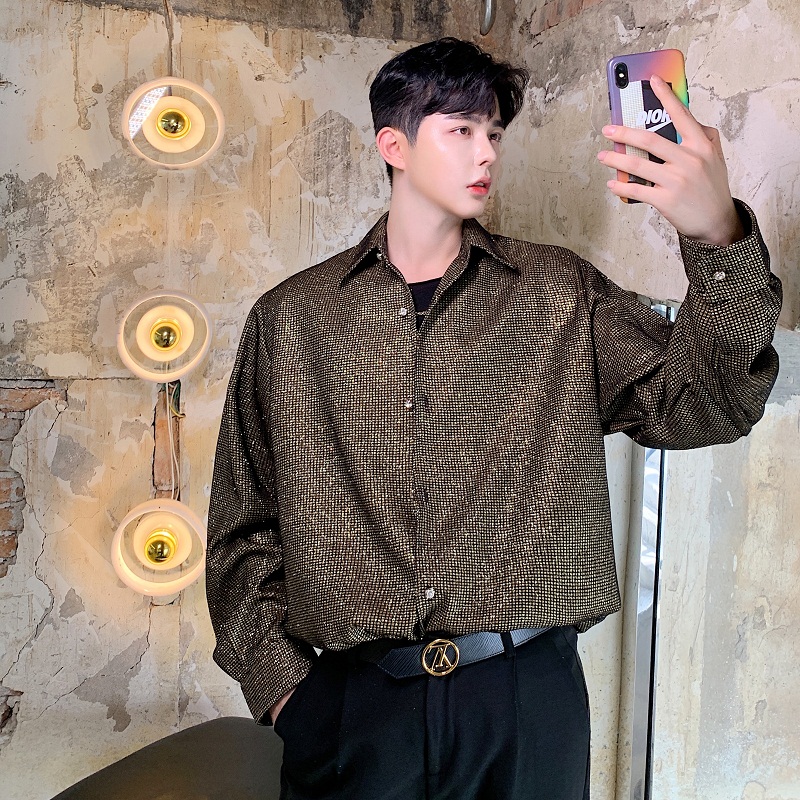Spring and autumn personality sequin shirt masculinity niche hair stylist design sense shirt loose casual wild trend handsome