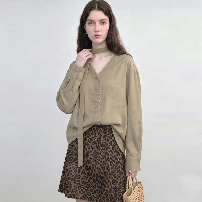 Mzuc Autumn New Ramie Long Sleeve Ribbon Shirt for Women V-Neck Lace Patchwork French Commuting Old Money Style Mzuc Autumn New Ramie Long Sleeve Ribbon Shirt for Women V-Neck Lace Patchwork French Commuting Old Money Style