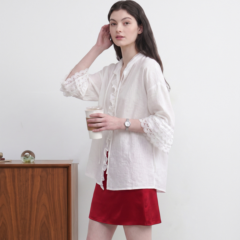 Mzuc All-Cotton Lace Patchwork Ruffle Trim Blouse for Women with Jacquard Design and Tie-Up Bell Sleeves Mzuc All-Cotton Lace Patchwork Ruffle Trim Blouse for Women with Jacquard Design and Tie-Up Bell Sleeves