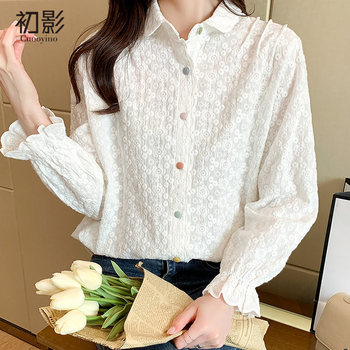 Pastoral style embroidered white shirt women's long-sleeved 2022 autumn new cotton embroidered sweet temperament lapel shirt