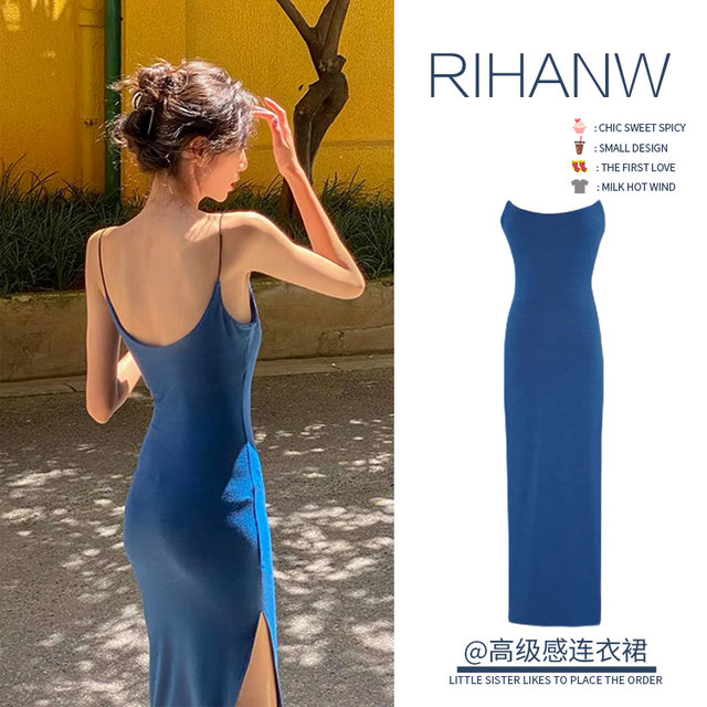 Peacock blue niche art pure desire wind hot girl dress female summer royal sister chic stunning sexy suspender dress