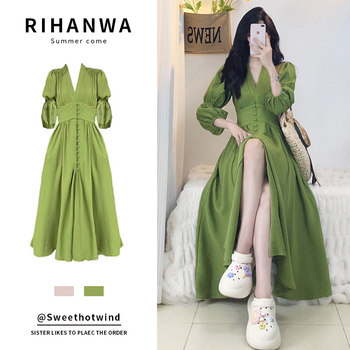 Spring new style French chic sweet and spicy slit green one piece skirt waist puff sleeve court wind tea break long skirt