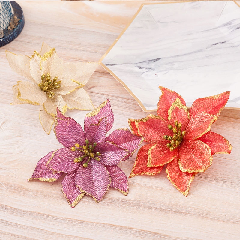 Christmas flower 13cm three-layer Gold Powder Christmas Flower Christmas Tree decoration Simulation Flower Fake Flower Christmas ornament