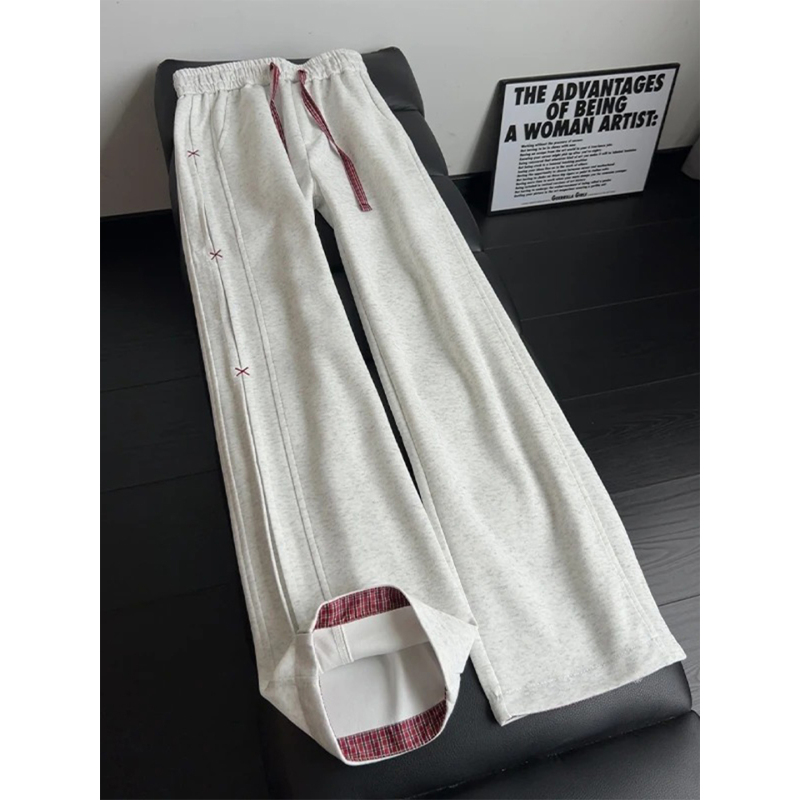 American-Style Color-Blocking Embroidered Sweatpants for Men, Autumn Design, Pleated Straight-Leg Pants, Loose Casual Sports Pants