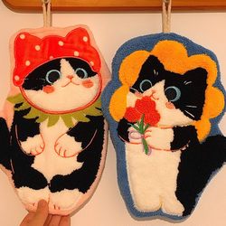 ins Cute Cat Hand Towels, Hanging Type, Absorbent and Quick-Drying, Small Towels for Kitchen and Bathroom, Children's Handkerchiefs, Cleaning Cloths for Wiping Feet