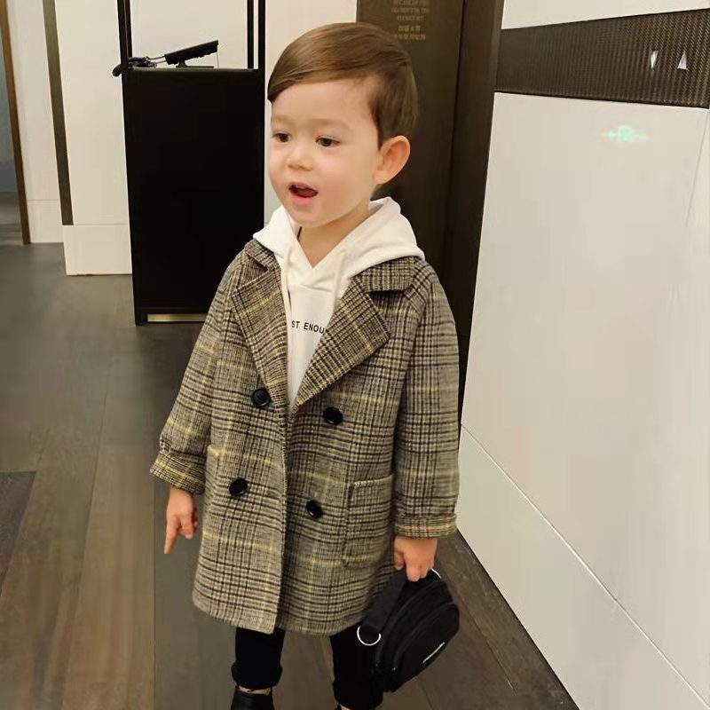 Boys' Autumn and Winter Woolen Coat 2026 New Korean Style Plaid British Style Suit Cardigan Fashionable Woolen Coat
