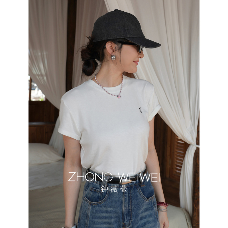 Zhong Weiwei 2026 Spring/Summer New Letter Embroidery Short-Sleeve T-Shirt for Women, Bamboo Texture, Soft and Highly Elastic Top
