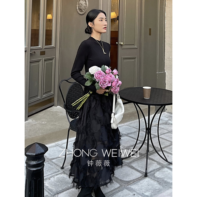 Zhong Weiwei 2026 Autumn/Winter New Roman Feather Dress Women's High Neck Slim Fit Elegant Long Dress