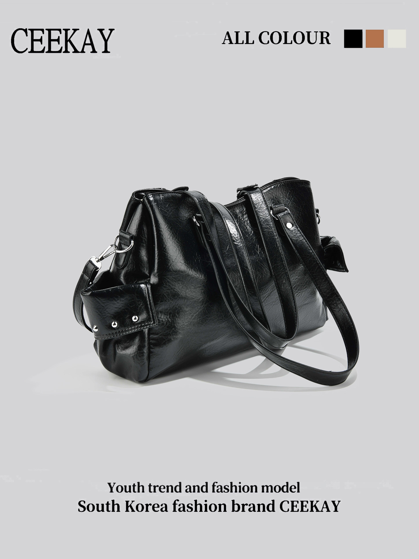 Ceekay Original Black Motorcycle-Style Tote Bag for Women, Retro Personalized Rivet Decoration, Versatile Trendy and Cool Shoulder Bag