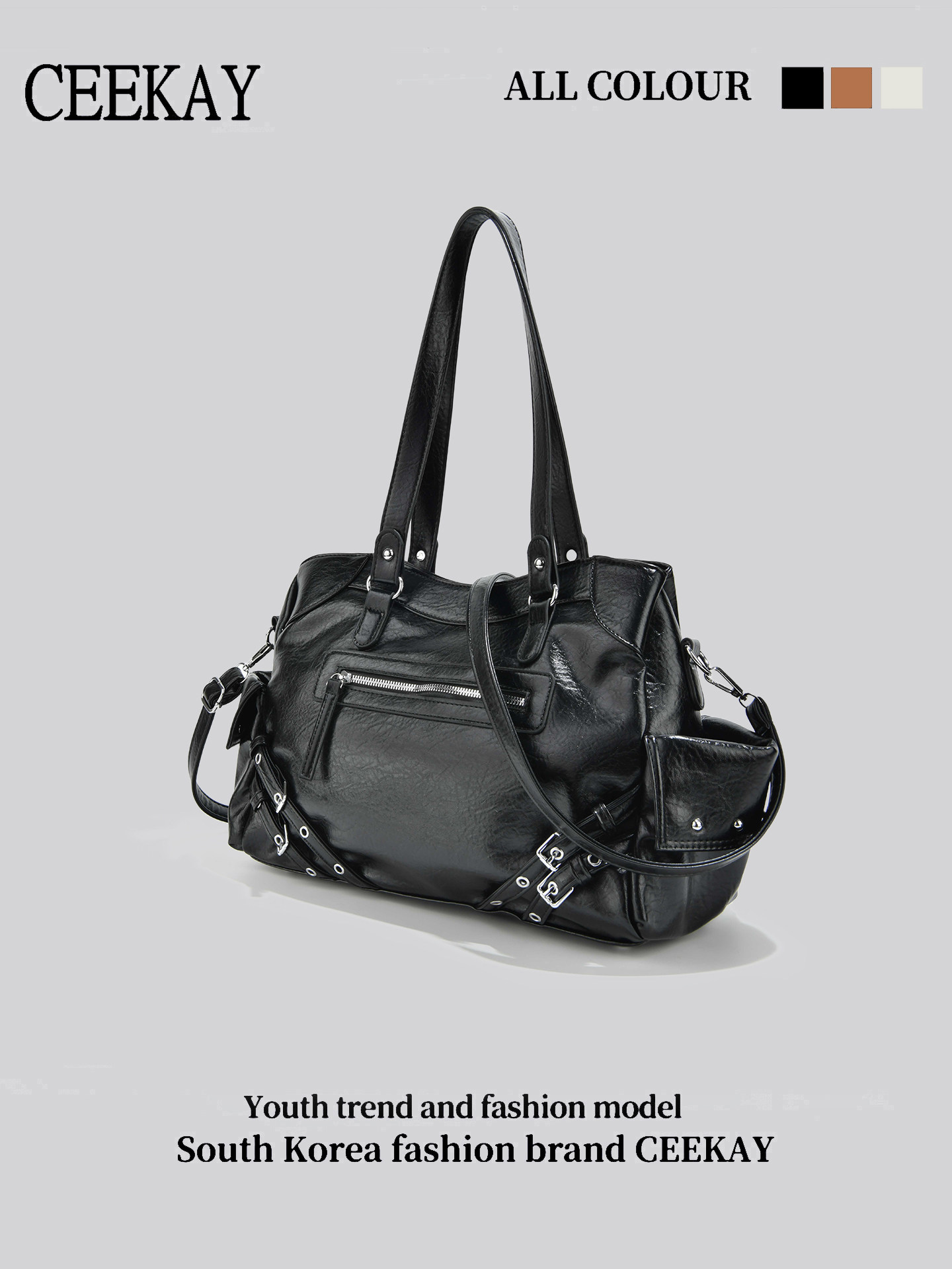 Ceekay Original Black Motorcycle-Style Tote Bag for Women, Retro Personalized Rivet Decoration, Versatile Trendy and Cool Shoulder Bag