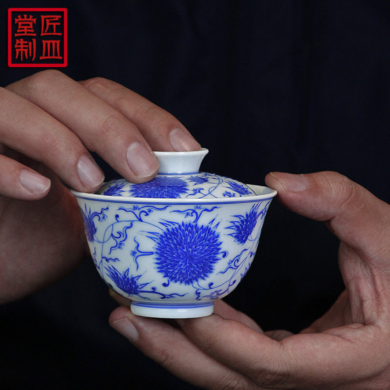 Tangy Chamomile Handmade Cover Bowl Imitation Ancient Green Flowers Two Talents Bowl Thin Tire Tea Bowl Rock Tea Small Cover Bowl Jingdezhen Hand-painted Porcelain-Taobao
