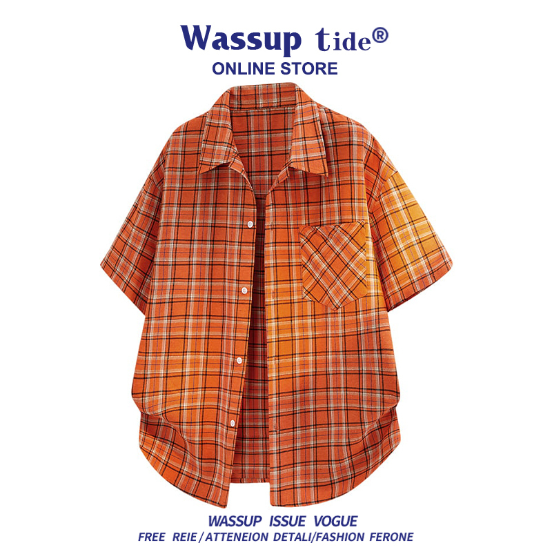 Wassup Tide American Retro Orange Plaid Shirt Summer Loose Casual Trendy Brand Off-Shoulder Short-Sleeved Shirt for Men