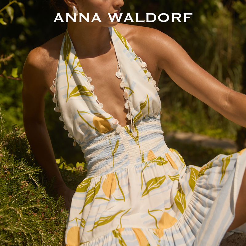Anna Waldorf Sea Salt Lemon Vacation Dress with Tie-Up Halter Neck, Large Hem, French Tassels, and Ruched Short Skirt