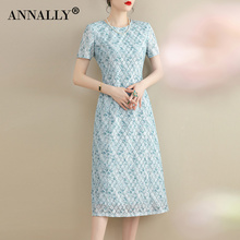 Annally 2024 Summer New Elegant and Elegant Skirt Style A-line Mid length Blue Lace Dress for Women