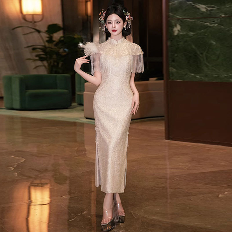 Stunning Champagne-Colored Engagement Cheongsam, Traditional Chinese Style Wedding Dress, Bride's Toast Dress Set, Homecoming Dress, Small Dress, High-End Stunning Champagne-Colored Engagement Cheongsam, Traditional Chinese Style Wedding Dress, Bride's Toast Dress Set, Homecoming Dress, Small Dress, High-End