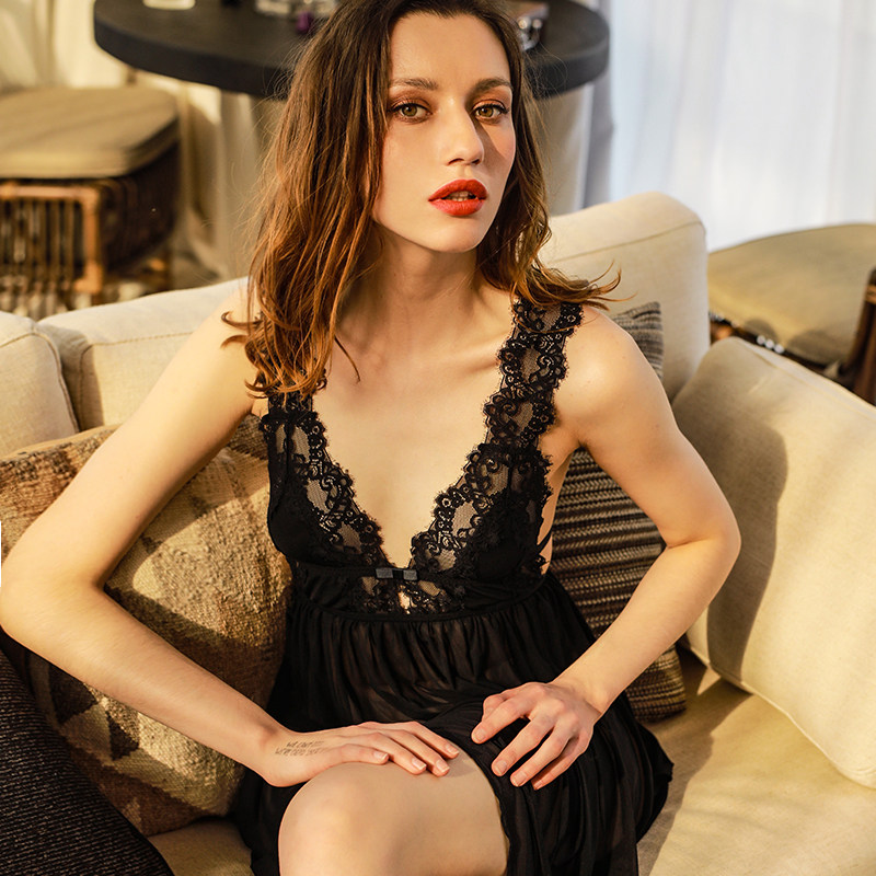 Sexy Pyjamas Woman 2022 New Summer Fire Horseradish Seductive Transparent Mesh Yarn Dew Back Open Fork Harnesses Sleeping Skirts