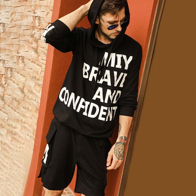 Men's pajamas summer thin tide men alphabet printing cap long sleeve shorts leisure outfit wear home suit