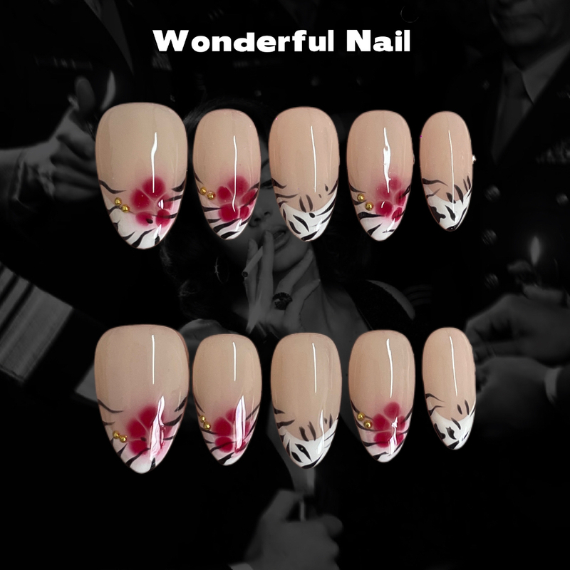 Wonderfulnail Wild Flower Handmade ins Style Short Almond 2cm French Zebra Pattern Press-On Nails Hot Girl