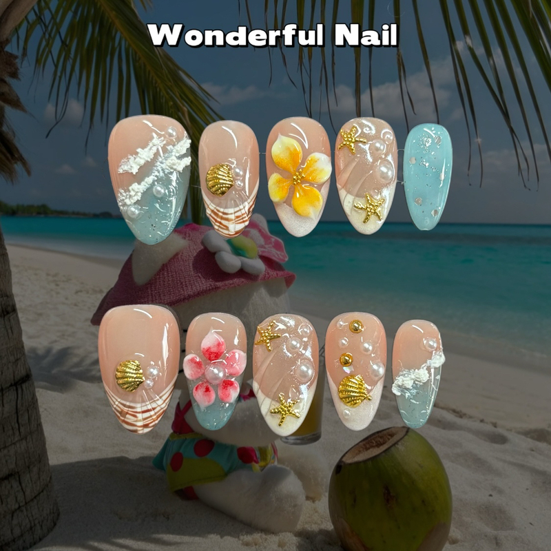 (Wonderfulnail) Wave Short Almond 3D Flower Island Spring/Summer Wearable Nails (No Nail Type Change)