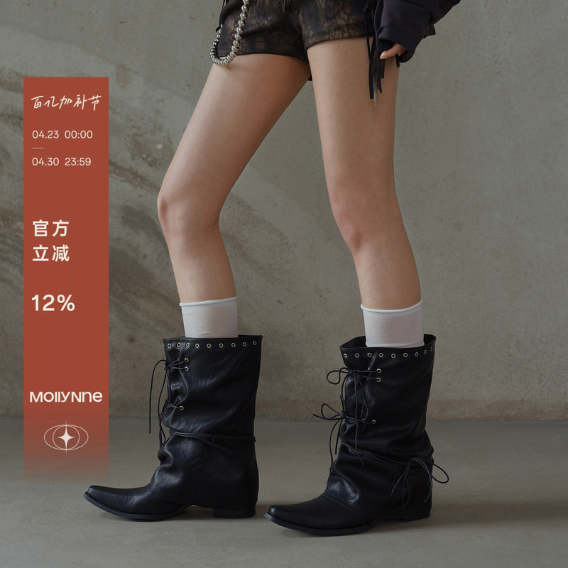 Mollynne Original Design Short Boots Black Pointed Toe Mid-Calf Slim Boots Women's Punk Style Stacked Boots Fashion Boots