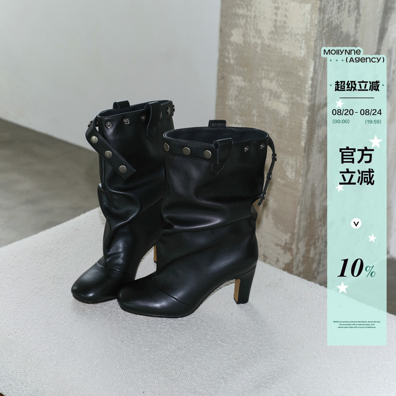 Mollynne Original Design Genuine Leather Short Boots for Women, New High-Heeled Pointed-Toe Boots, Black Mid-Calf Slouch Boots for Women Mollynne Original Design Genuine Leather Short Boots for Women, New High-Heeled Pointed-Toe Boots, Black Mid-Calf Slouch Boots for Women