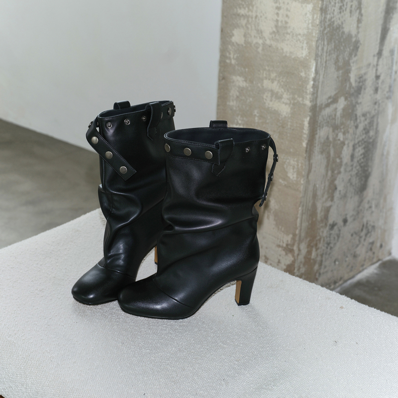 Mollynne Original Design Genuine Leather Short Boots for Women, New High-Heeled Pointed-Toe Boots, Black Mid-Calf Slouch Boots for Women Mollynne Original Design Genuine Leather Short Boots for Women, New High-Heeled Pointed-Toe Boots, Black Mid-Calf Slouch Boots for Women