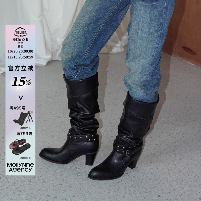 Mollynne Original Design Autumn New Long Boots High-Heeled Pleated Black High-Tube Riding Boots for Women