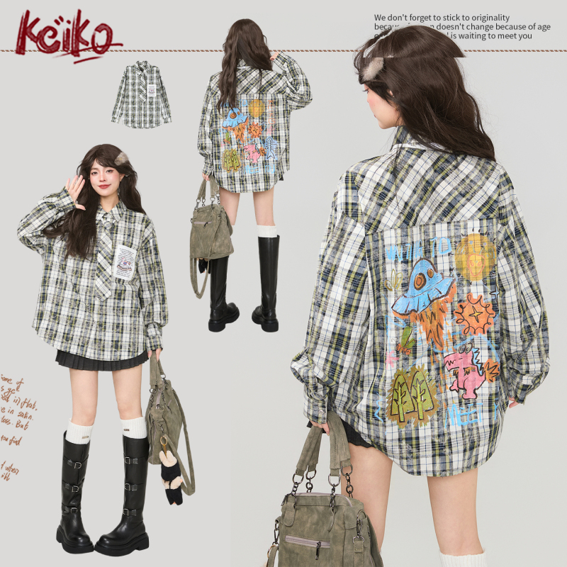 Keiko [Free Tie] Green Plaid Long Sleeve Shirt 2026 Early Spring American Graffiti Print Casual Top